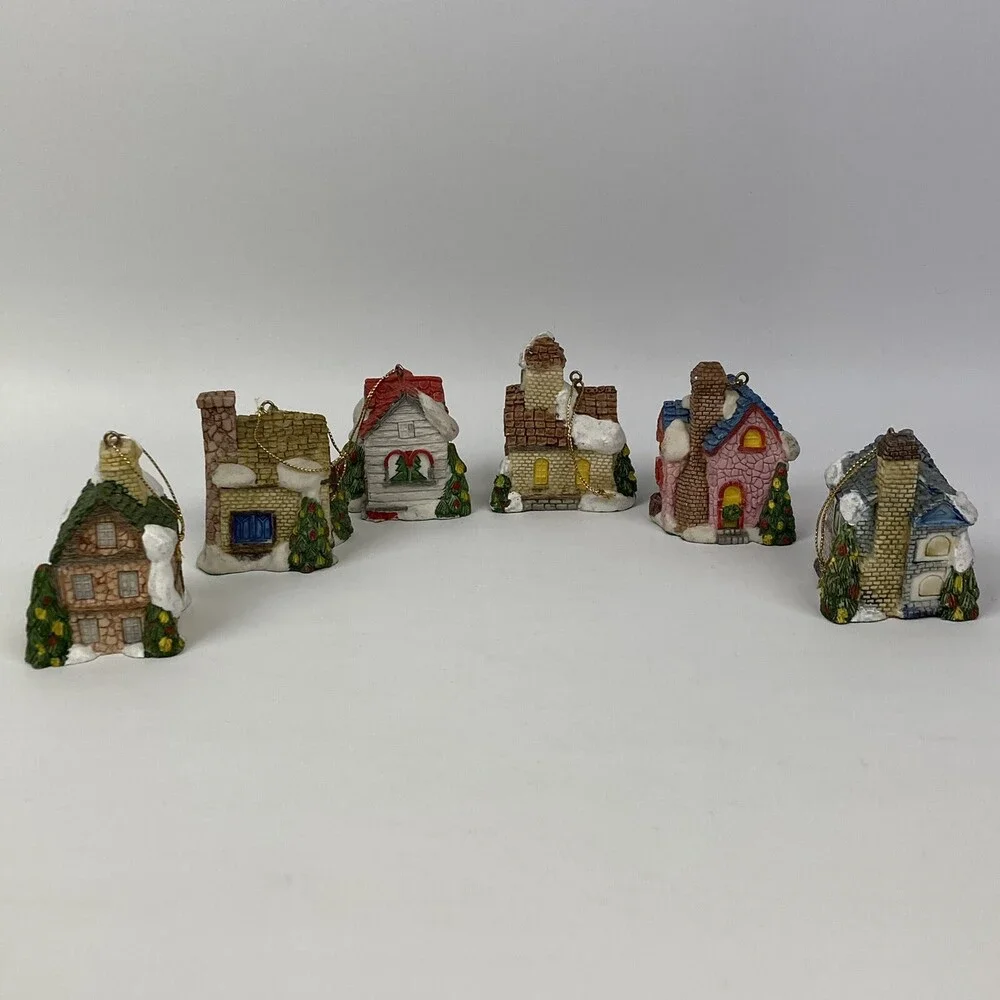 Lot Set 6 VTG Christmas Village Ornaments Mini Houses Bakery Antiques Snow Resin